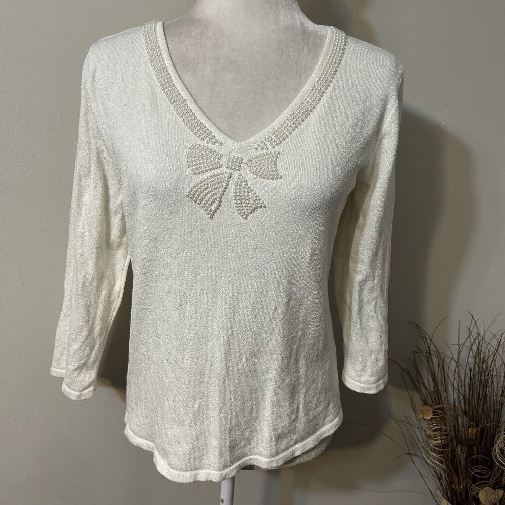 Vtg Pink Poodle Ivory Women Sweater Pearls Accent V-Neck 3/4 Sleeve Size M